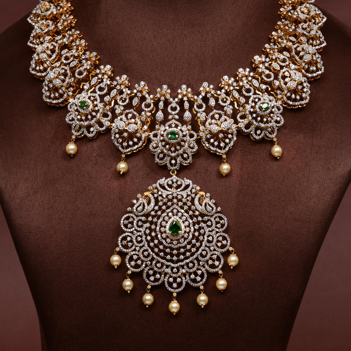 Close-up of Hriday collection of  92.5 silver Victorian-style long necklace with CZ stones, intricate floral motifs, and pendant design for bridal and festive wear by Sri Fine Jewellery, Hyderabad.