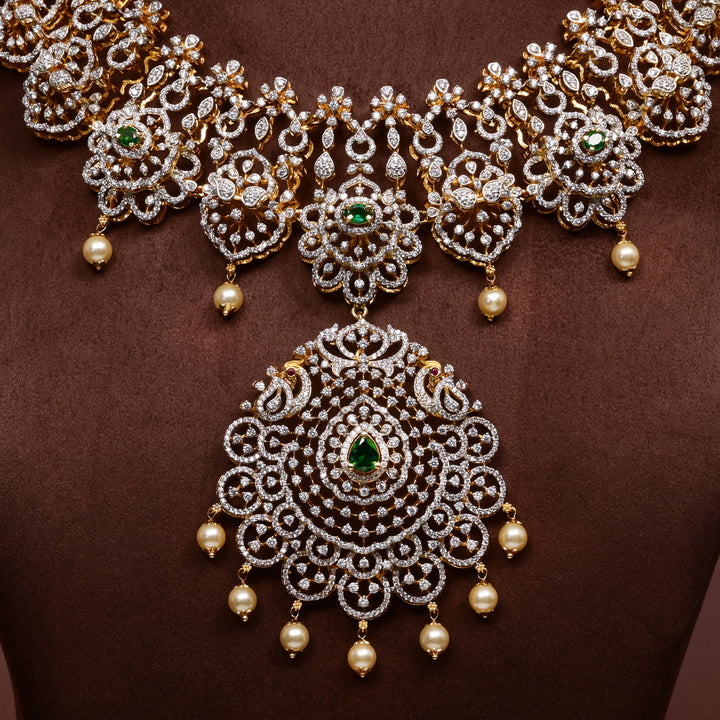 Close-up of Hriday collection of  92.5 silver Victorian-style long necklace with CZ stones, intricate floral motifs, and pendant design for bridal and festive wear by Sri Fine Jewellery, Hyderabad.