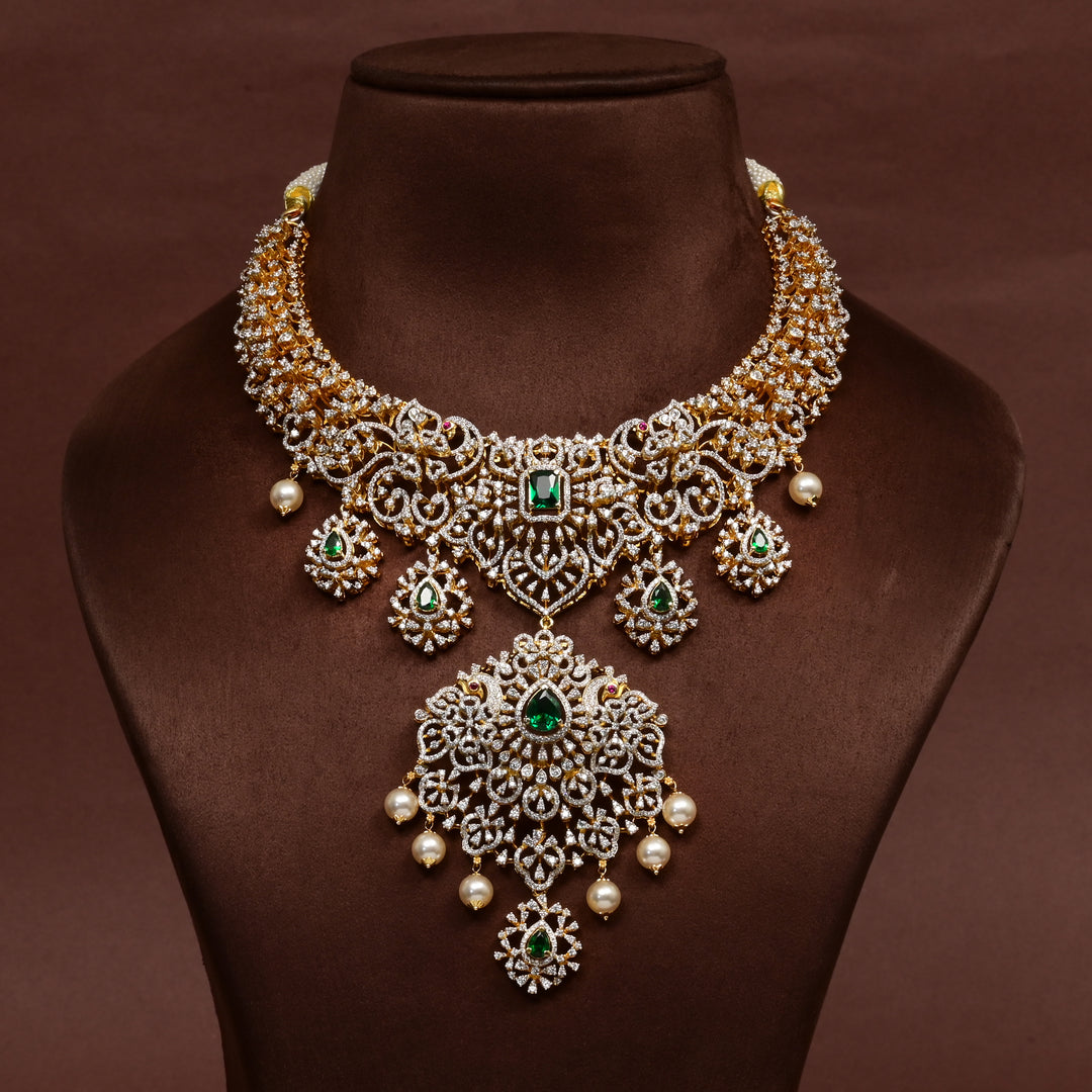 Hriday luxury necklace in 92.5 silver with ruby emerald stones, cz diamonds and elegant bridal craftsmanship by Sri Fine Jewellery, Hyderabad