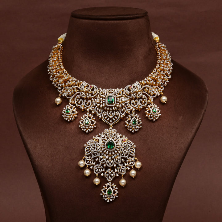 Hriday luxury necklace in 92.5 silver with ruby emerald stones, cz diamonds and elegant bridal craftsmanship by Sri Fine Jewellery, Hyderabad