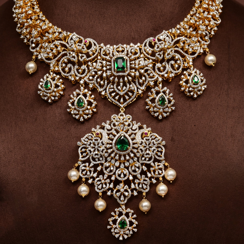 Close-up of Hriday luxury necklace in 92.5 silver with ruby emerald stones, cz diamonds and elegant bridal craftsmanship by Sri Fine Jewellery, Hyderabad