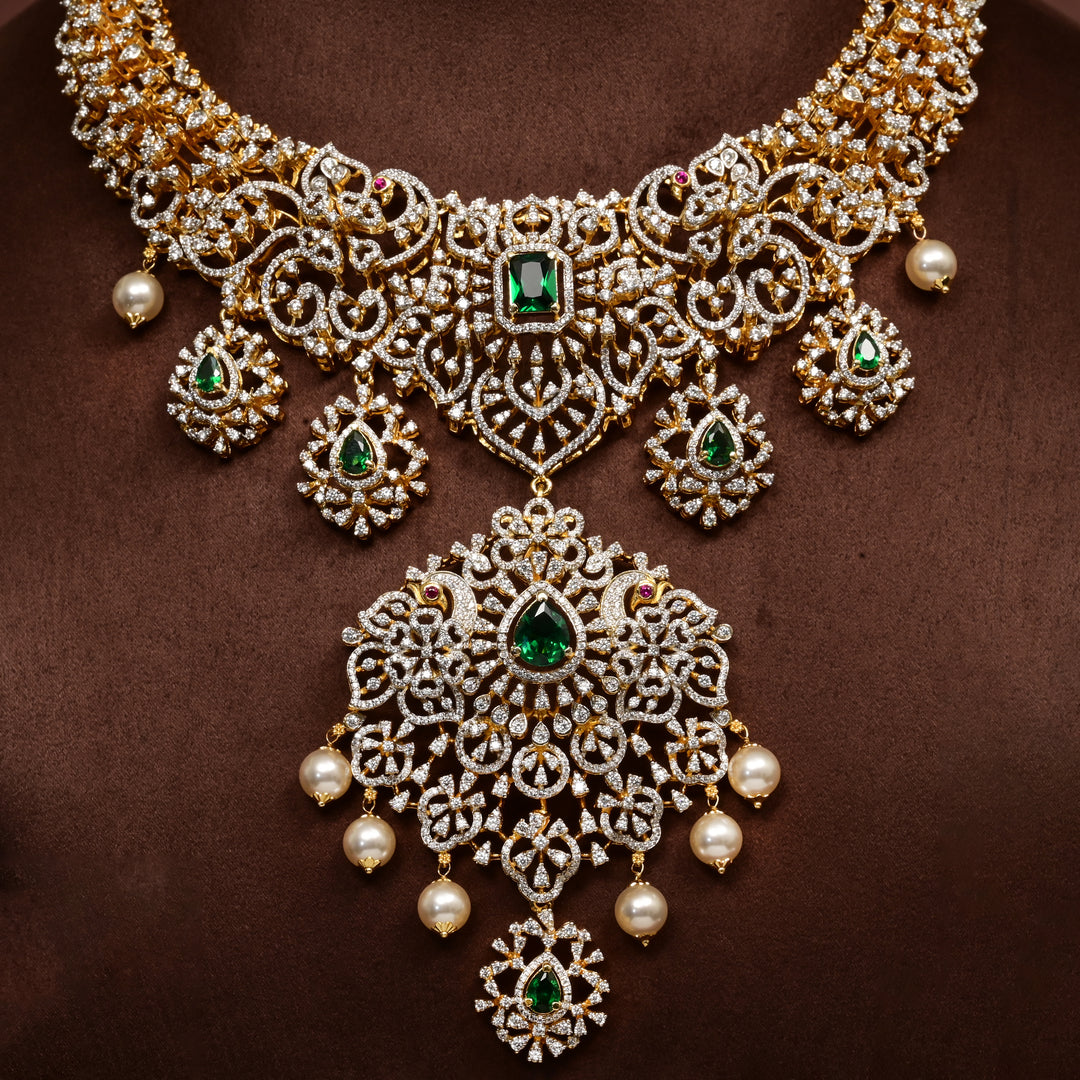 Close-up of Hriday luxury necklace in 92.5 silver with ruby emerald stones, cz diamonds and elegant bridal craftsmanship by Sri Fine Jewellery, Hyderabad