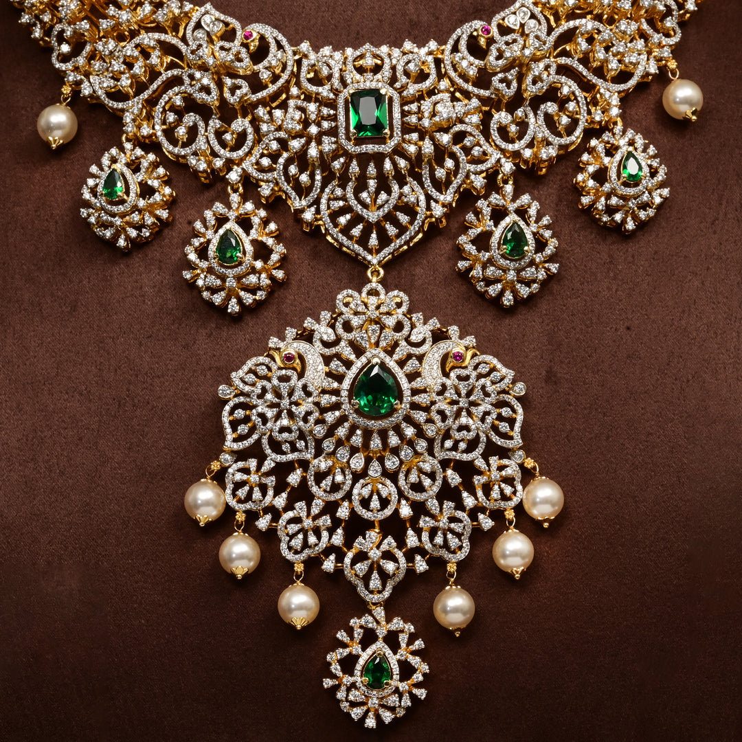 Close-up of Hriday luxury necklace in 92.5 silver with ruby emerald stones, cz diamonds and elegant bridal craftsmanship by Sri Fine Jewellery, Hyderabad