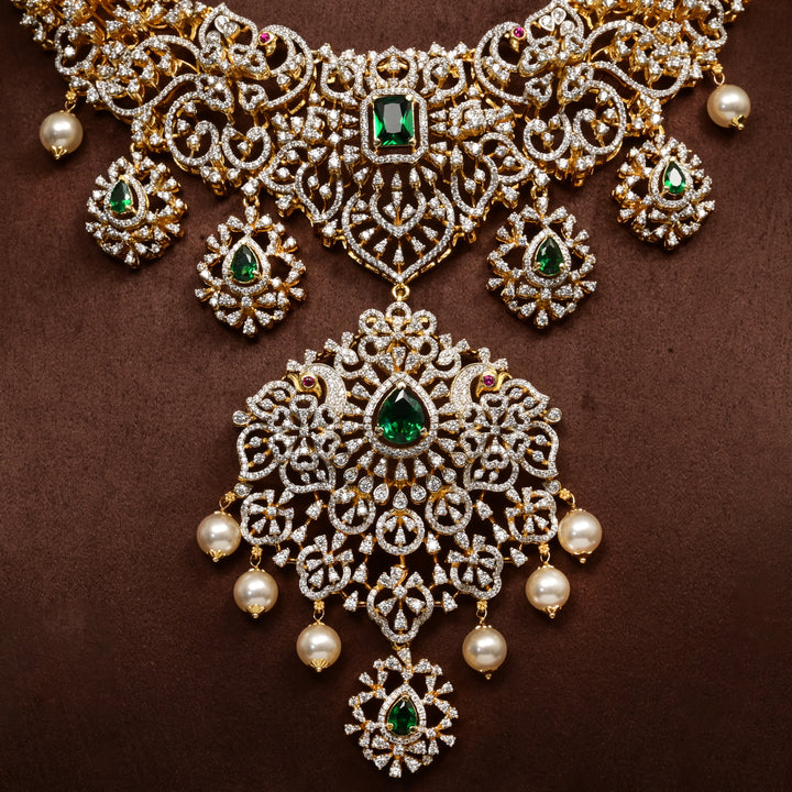 Close-up of Hriday luxury necklace in 92.5 silver with ruby emerald stones, cz diamonds and elegant bridal craftsmanship by Sri Fine Jewellery, Hyderabad