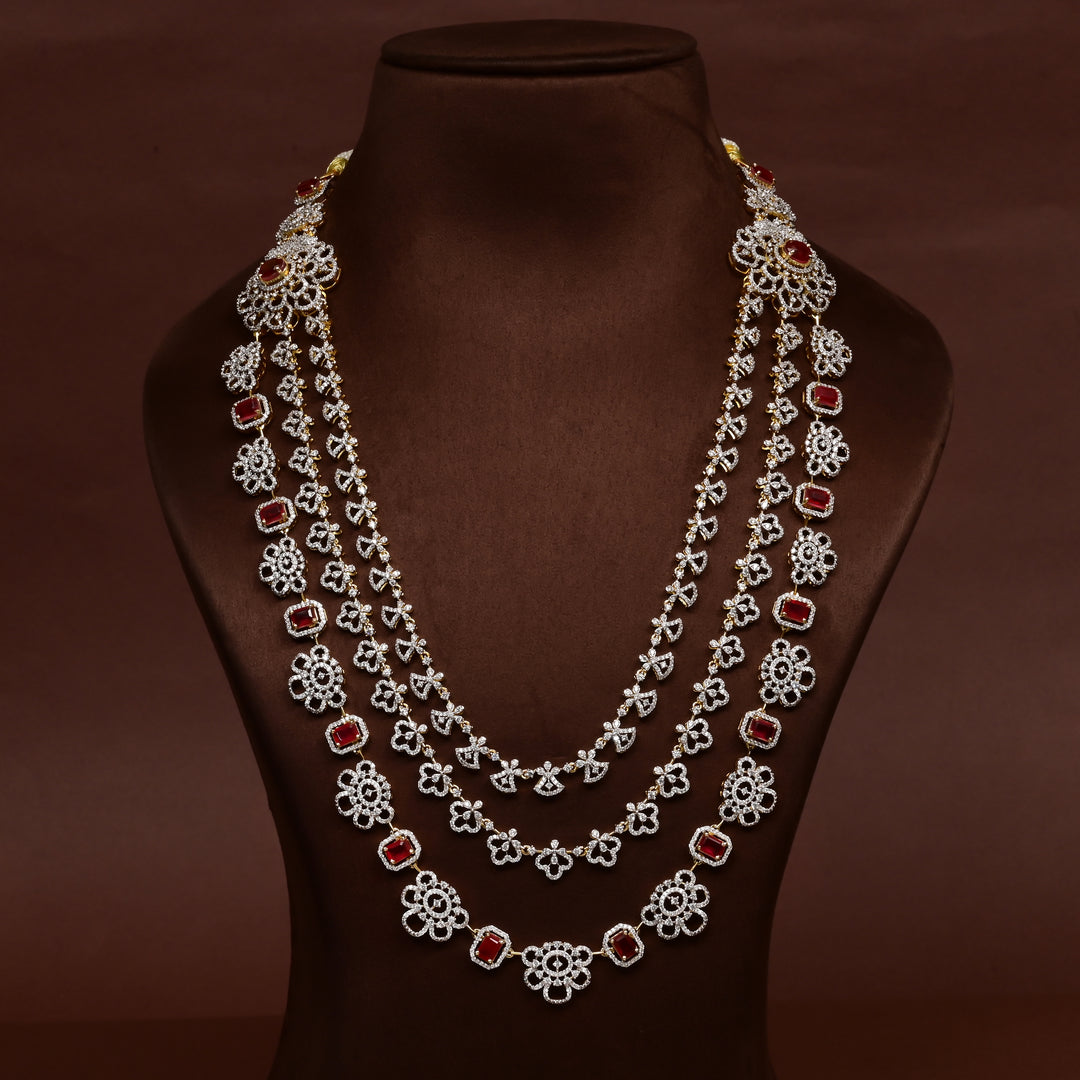Hriday luxury layered necklace in 92.5 silver with ruby red stones, cz diamonds and elegant bridal craftsmanship by Sri Fine Jewellery, Hyderabad