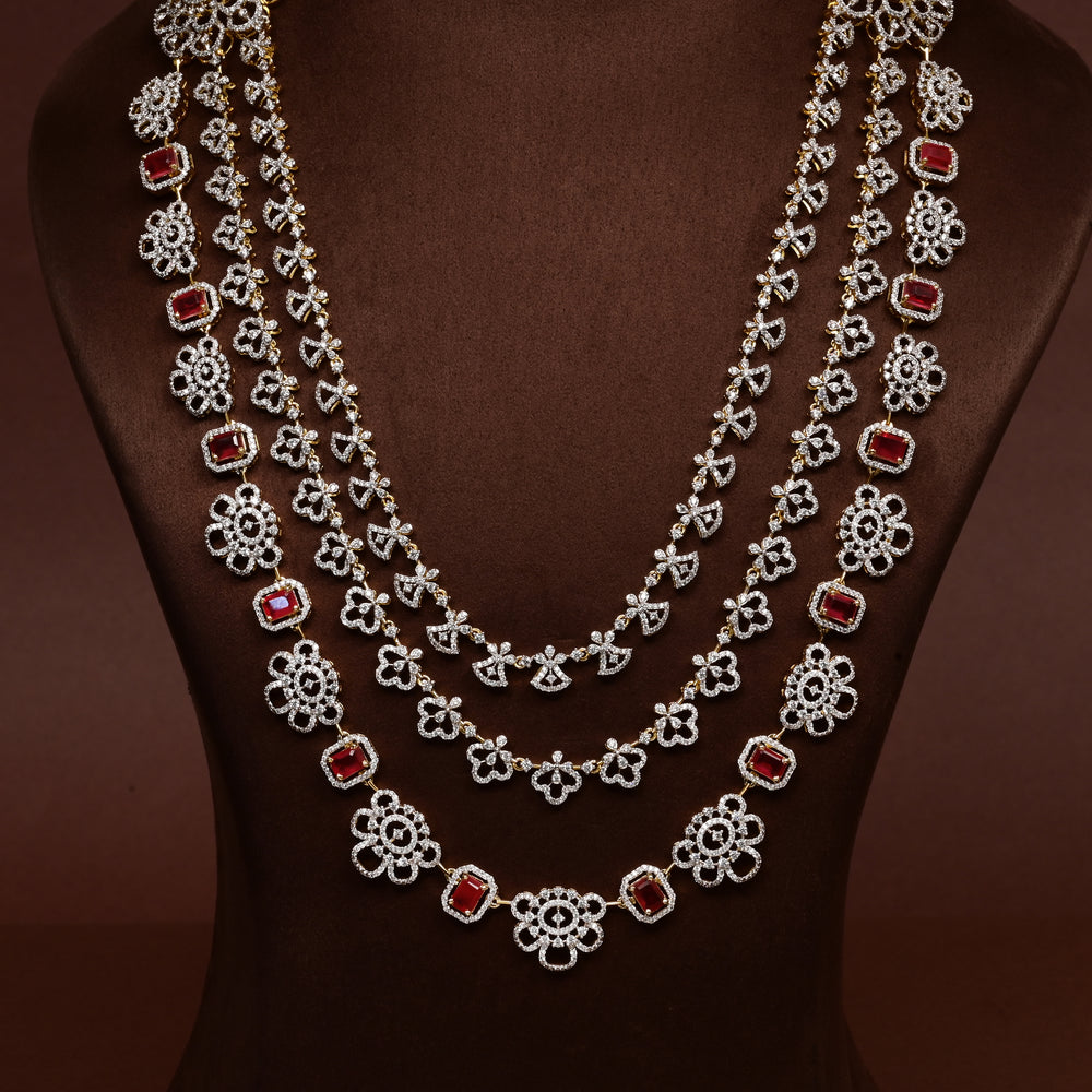Hriday luxury layered necklace in 92.5 silver with ruby red stones, cz diamonds and elegant bridal craftsmanship by Sri Fine Jewellery, Hyderabad