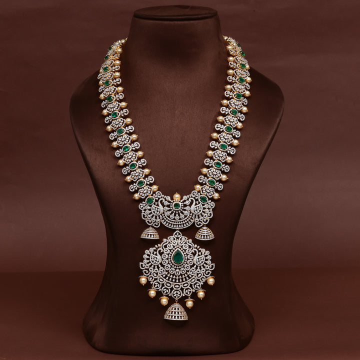 Hriday luxury cz emerald necklace in 92.5 silver with emerald green stones, cz diamonds and premium bridal craftsmanship by Sri Fine Jewellery, Hyderabad