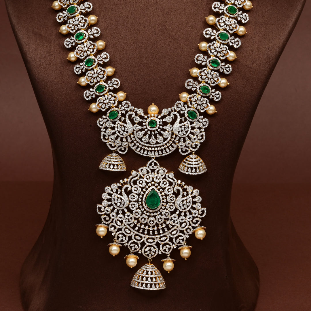 Hriday luxury cz emerald necklace in 92.5 silver with emerald green stones, cz diamonds and premium bridal craftsmanship by Sri Fine Jewellery, Hyderabad