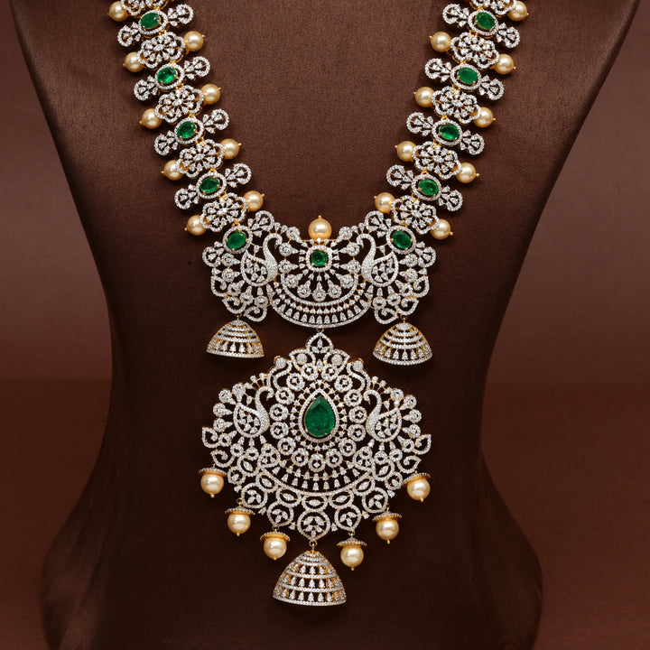 Hriday luxury cz emerald necklace in 92.5 silver with emerald green stones, cz diamonds and premium bridal craftsmanship by Sri Fine Jewellery, Hyderabad