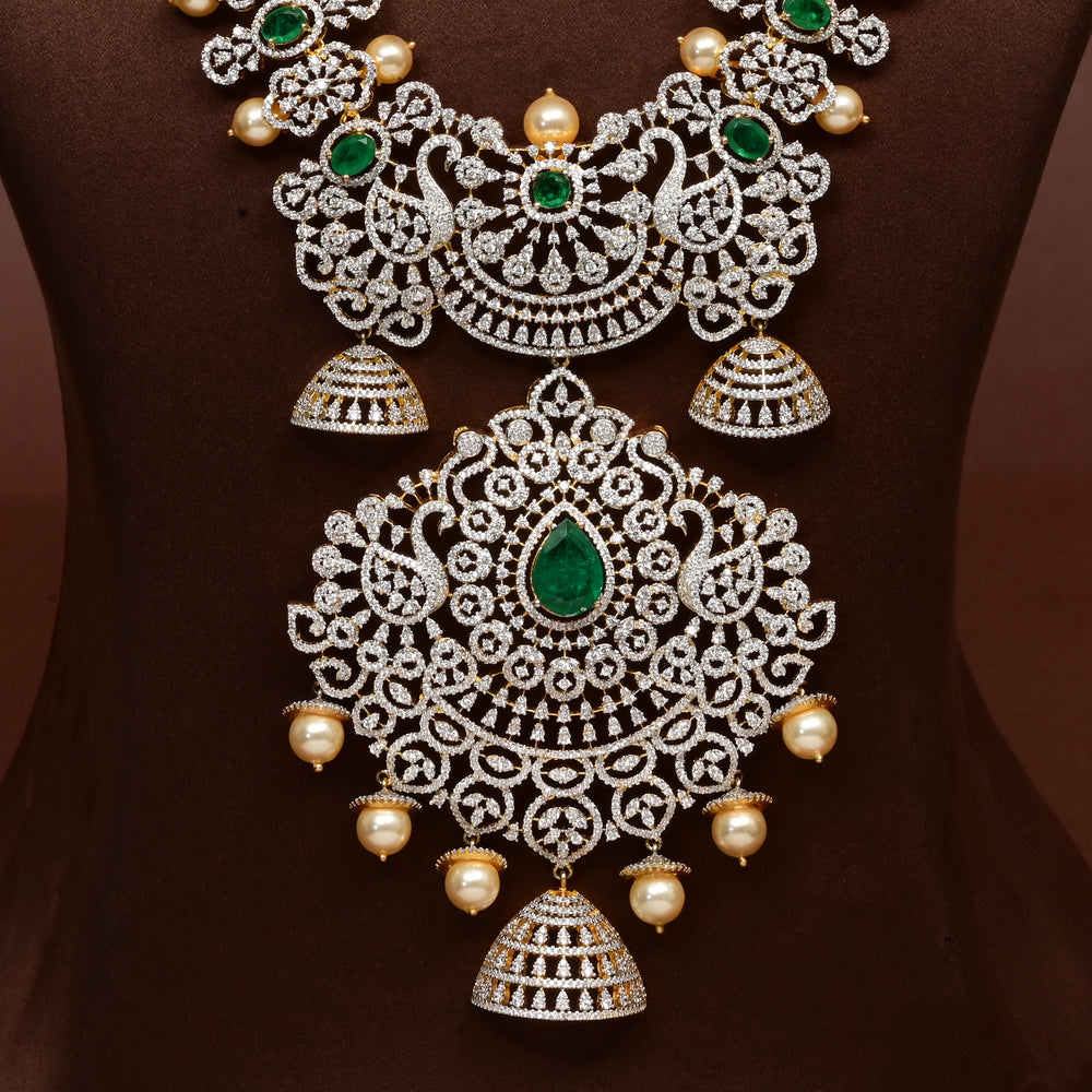 Hriday luxury cz emerald necklace in 92.5 silver with emerald green stones, cz diamonds and premium bridal craftsmanship by Sri Fine Jewellery, Hyderabad