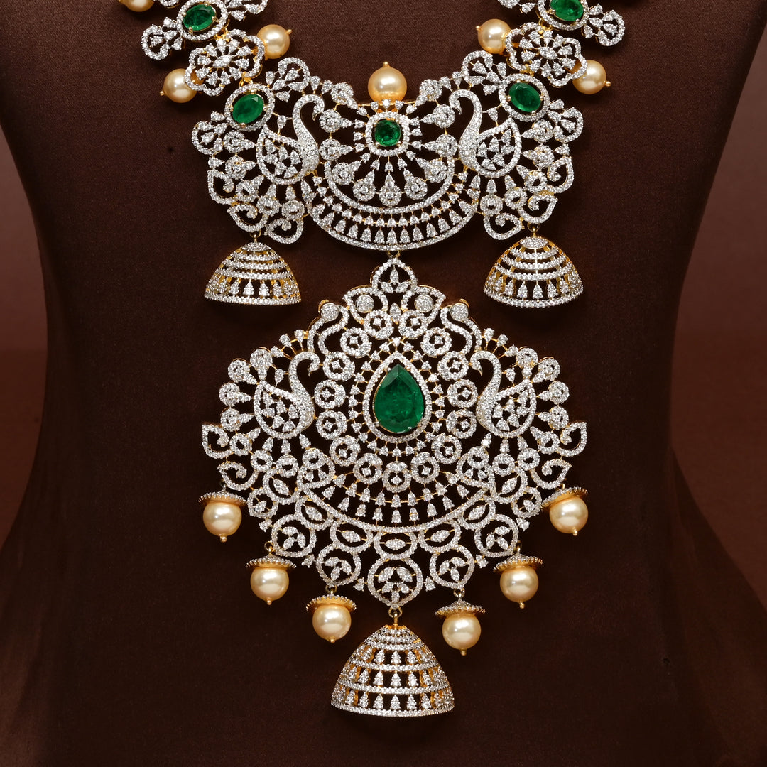 Hriday luxury cz emerald necklace in 92.5 silver with emerald green stones, cz diamonds and premium bridal craftsmanship by Sri Fine Jewellery, Hyderabad
