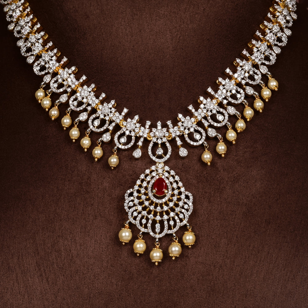 Hriday collection of 92.5 silver short necklace with CZ stones, intricate  design for bridal and festive wear by Sri fine jewellery, Hyderabad.
(https://www.srifinejewellery.com)