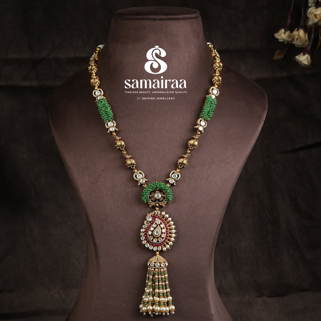 Samairaa antique pendant necklace in 92.5 silver with green bead detailing, cz stones, ruby accents and pearl tassel craftsmanship by Sri Fine Jewellery, Hyderabad