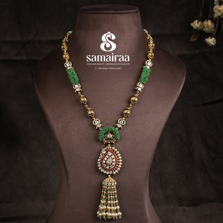 Samairaa antique pendant necklace in 92.5 silver with green bead detailing, cz stones, ruby accents and pearl tassel craftsmanship by Sri Fine Jewellery, Hyderabad