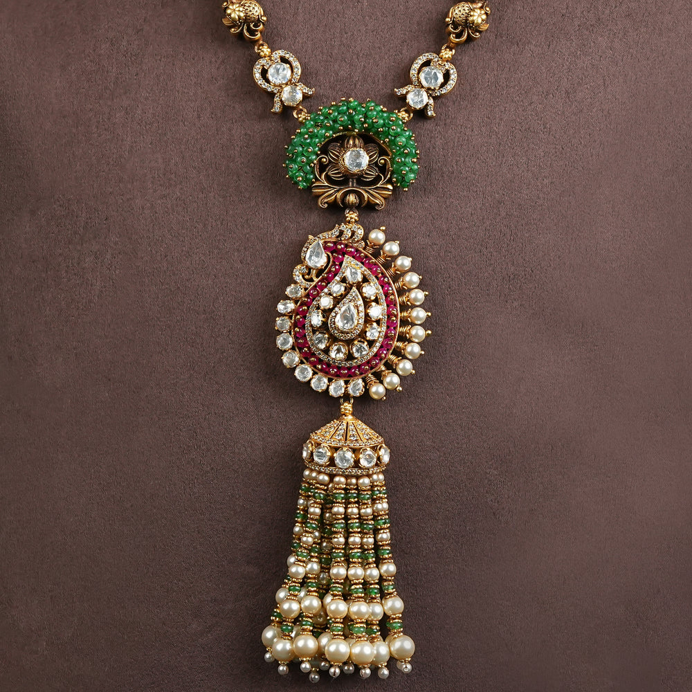 Samairaa antique pendant necklace in 92.5 silver with green bead detailing, cz stones, ruby accents and pearl tassel craftsmanship by Sri Fine Jewellery, Hyderabad