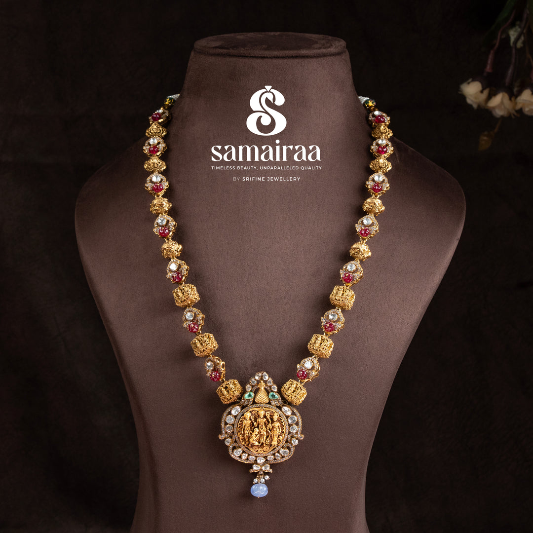 Samairaa traditional Ram Parivar pendant necklace in 92.5 silver with ruby accents, cz stones and antique temple craftsmanship by Sri Fine Jewellery, Hyderabad 