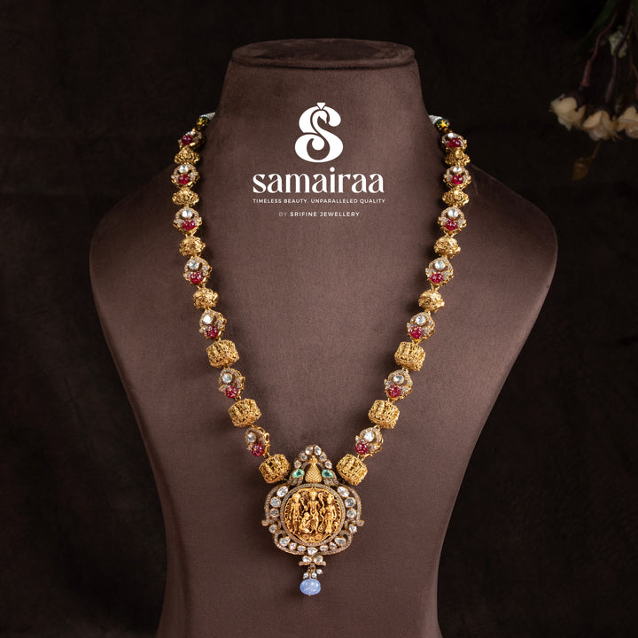 Samairaa traditional Ram Parivar pendant necklace in 92.5 silver with ruby accents, cz stones and antique temple craftsmanship by Sri Fine Jewellery, Hyderabad 