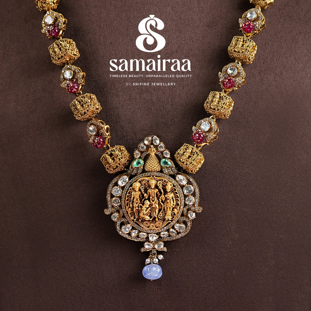 Samairaa traditional Ram Parivar pendant necklace in 92.5 silver with ruby accents, cz stones and antique temple craftsmanship by Sri Fine Jewellery, Hyderabad 
