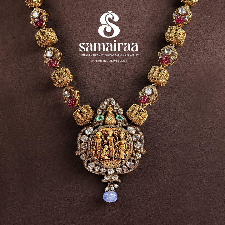 Samairaa traditional Ram Parivar pendant necklace in 92.5 silver with ruby accents, cz stones and antique temple craftsmanship by Sri Fine Jewellery, Hyderabad 
