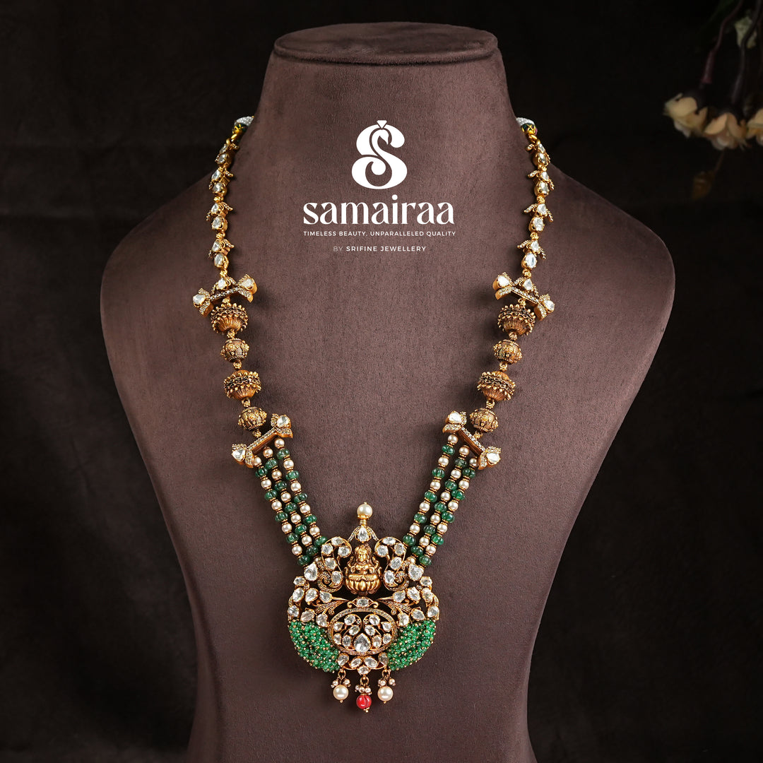 Samairaa antique temple necklace in 92.5 silver with Lakshmi pendant, green bead detailing, cz stones and heritage craftsmanship by Sri Fine Jewellery, Hyderabad