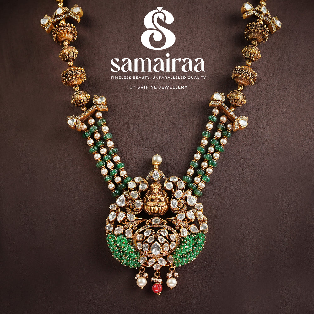 Samairaa antique temple necklace in 92.5 silver with Lakshmi pendant, green bead detailing, cz stones and heritage craftsmanship by Sri Fine Jewellery, Hyderabad