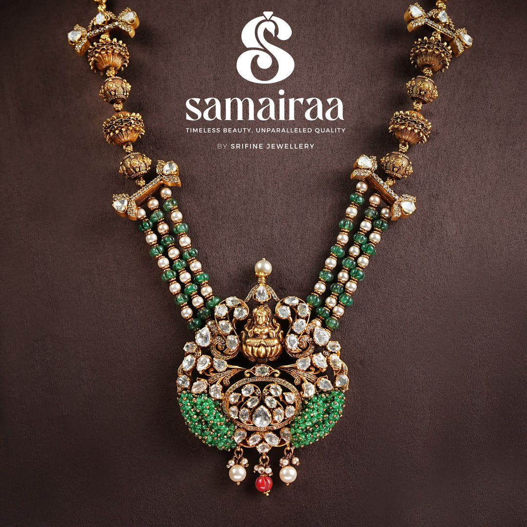 Samairaa antique temple necklace in 92.5 silver with Lakshmi pendant, green bead detailing, cz stones and heritage craftsmanship by Sri Fine Jewellery, Hyderabad