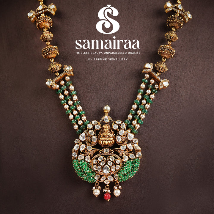 Samairaa antique temple necklace in 92.5 silver with Lakshmi pendant, green bead detailing, cz stones and heritage craftsmanship by Sri Fine Jewellery, Hyderabad