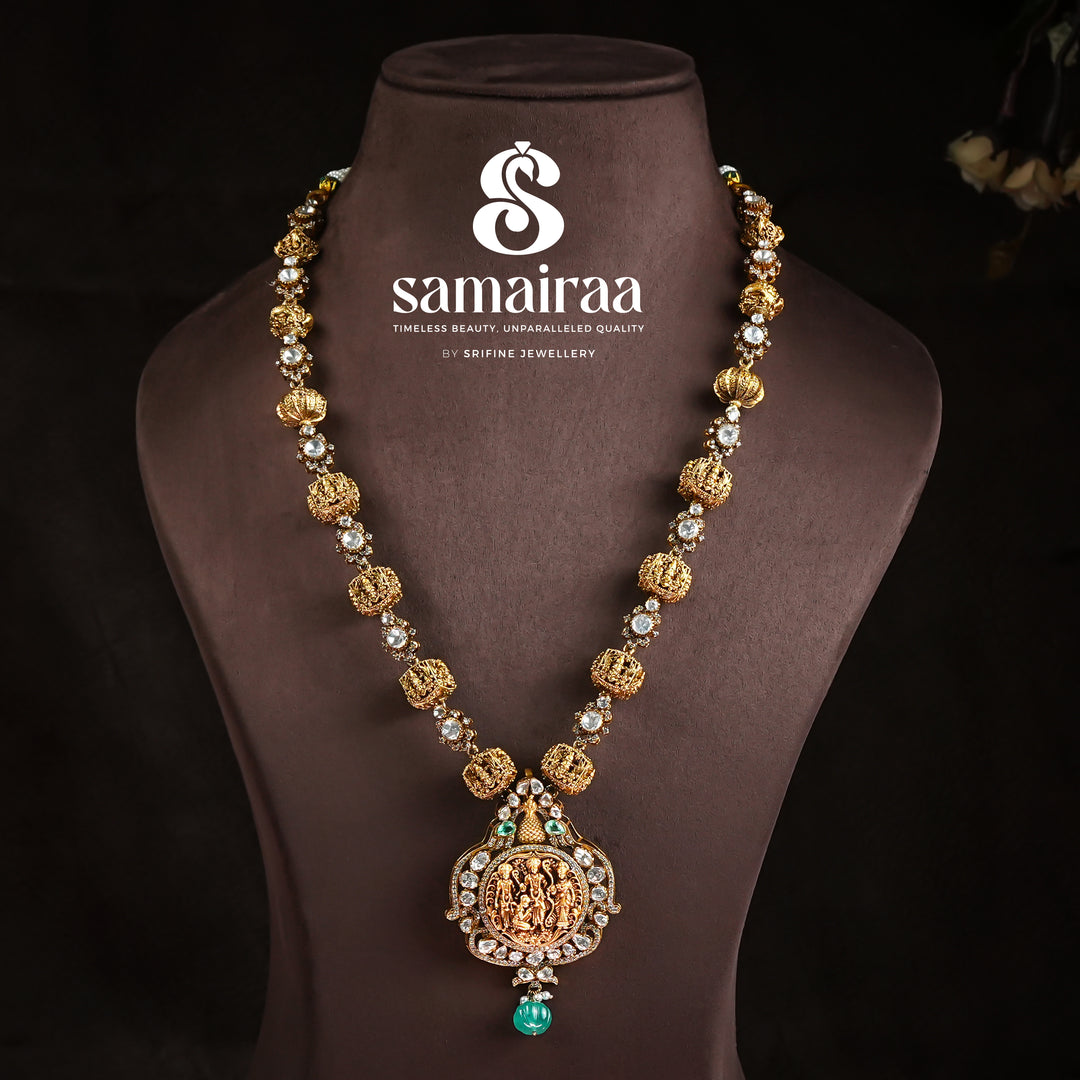 Samairaa traditional Ram Parivar pendant necklace in 92.5 silver with cz stones, antique gold finish and emerald bead detailing by Sri Fine Jewellery, Hyderabad 