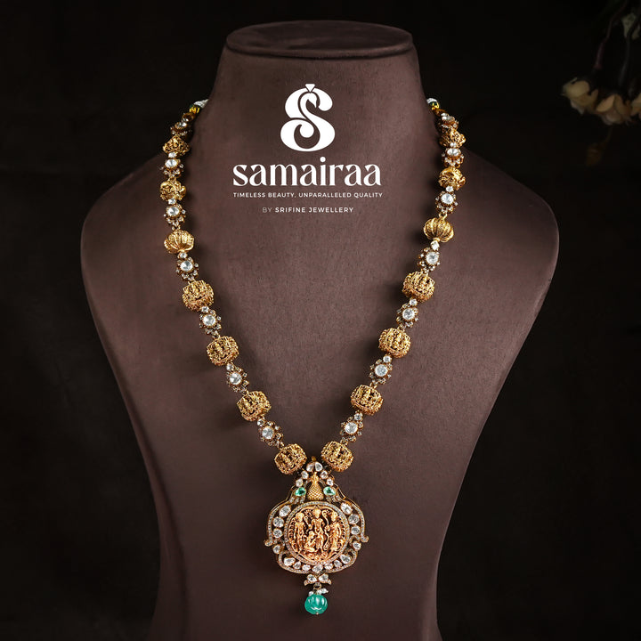 Samairaa traditional Ram Parivar pendant necklace in 92.5 silver with cz stones, antique gold finish and emerald bead detailing by Sri Fine Jewellery, Hyderabad 