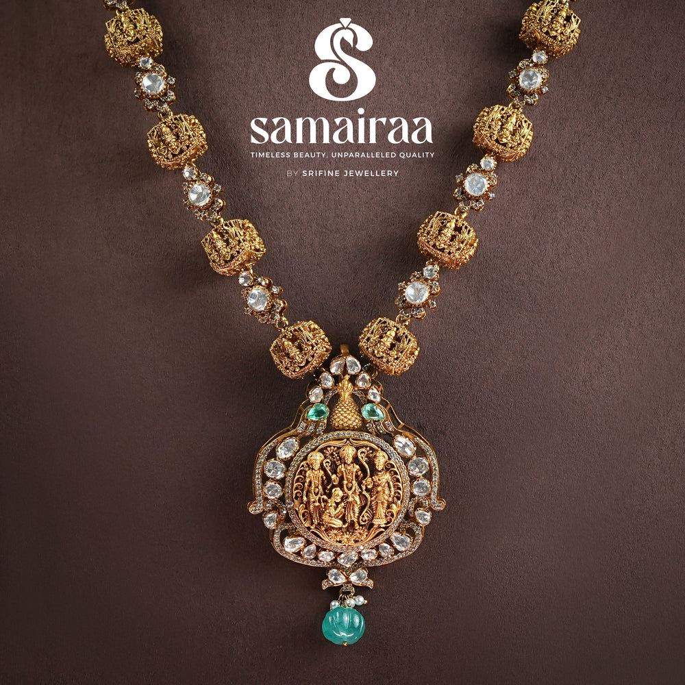 Samairaa traditional Ram Parivar pendant necklace in 92.5 silver with cz stones, antique gold finish and emerald bead detailing by Sri Fine Jewellery, Hyderabad 