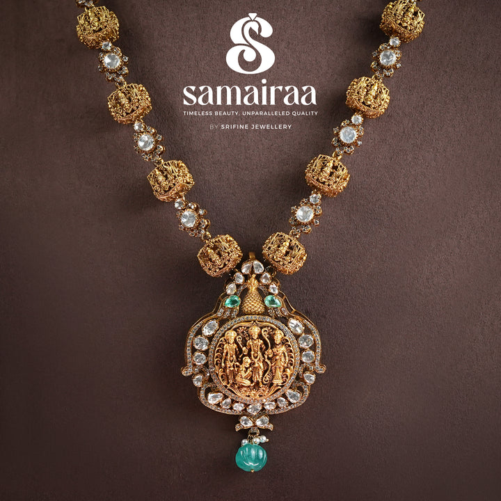 Samairaa traditional Ram Parivar pendant necklace in 92.5 silver with cz stones, antique gold finish and emerald bead detailing by Sri Fine Jewellery, Hyderabad 