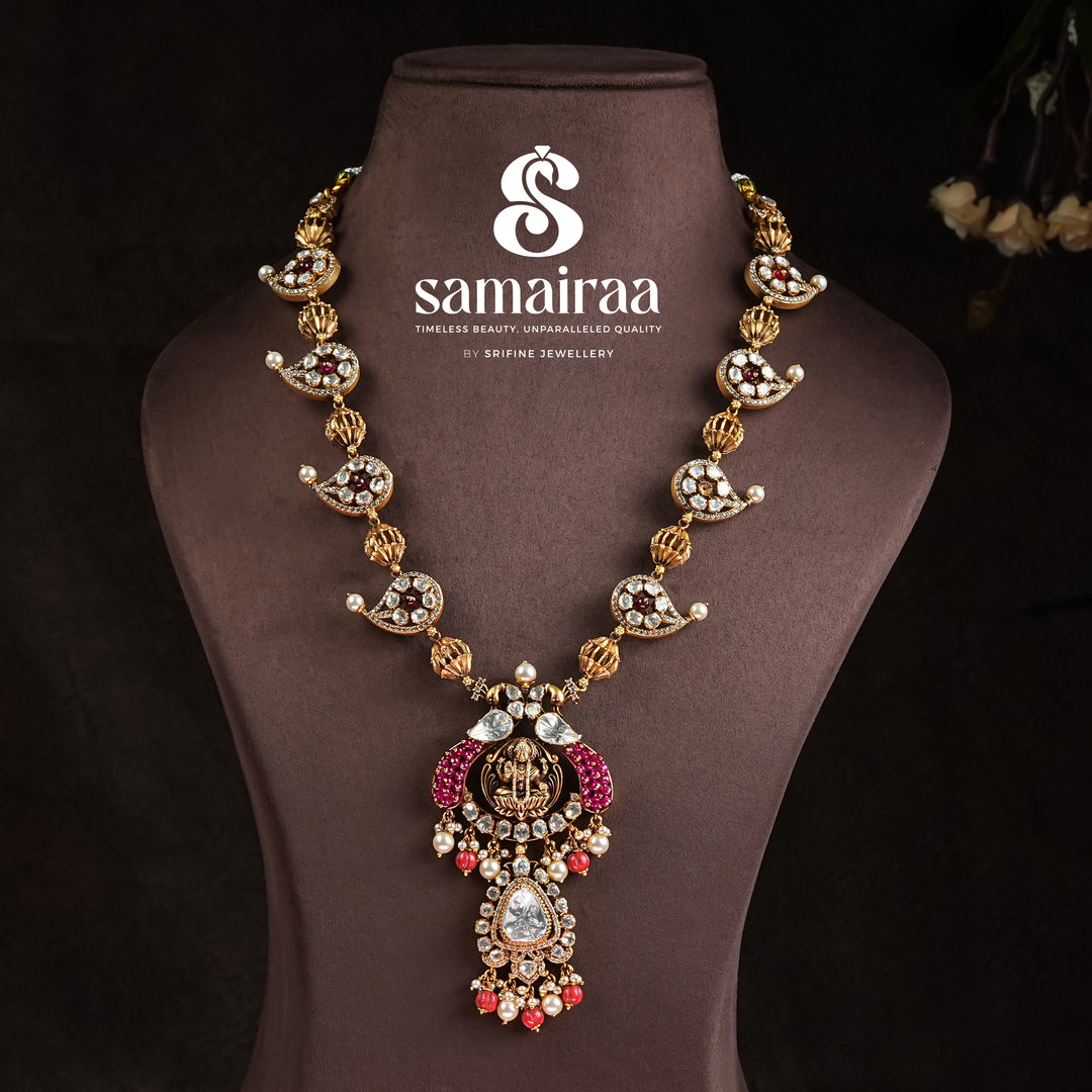 Samairaa antique Lakshmi pendant necklace in 92.5 silver with cz stones, ruby accents, pearl drops and traditional temple craftsmanship by Sri Fine Jewellery, Hyderabad