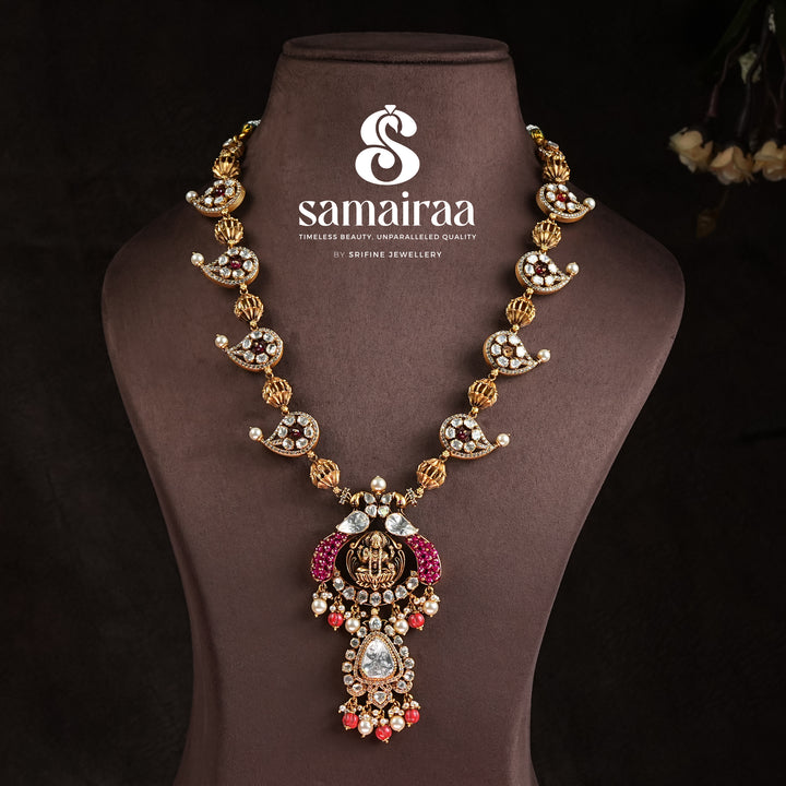 Samairaa antique Lakshmi pendant necklace in 92.5 silver with cz stones, ruby accents, pearl drops and traditional temple craftsmanship by Sri Fine Jewellery, Hyderabad