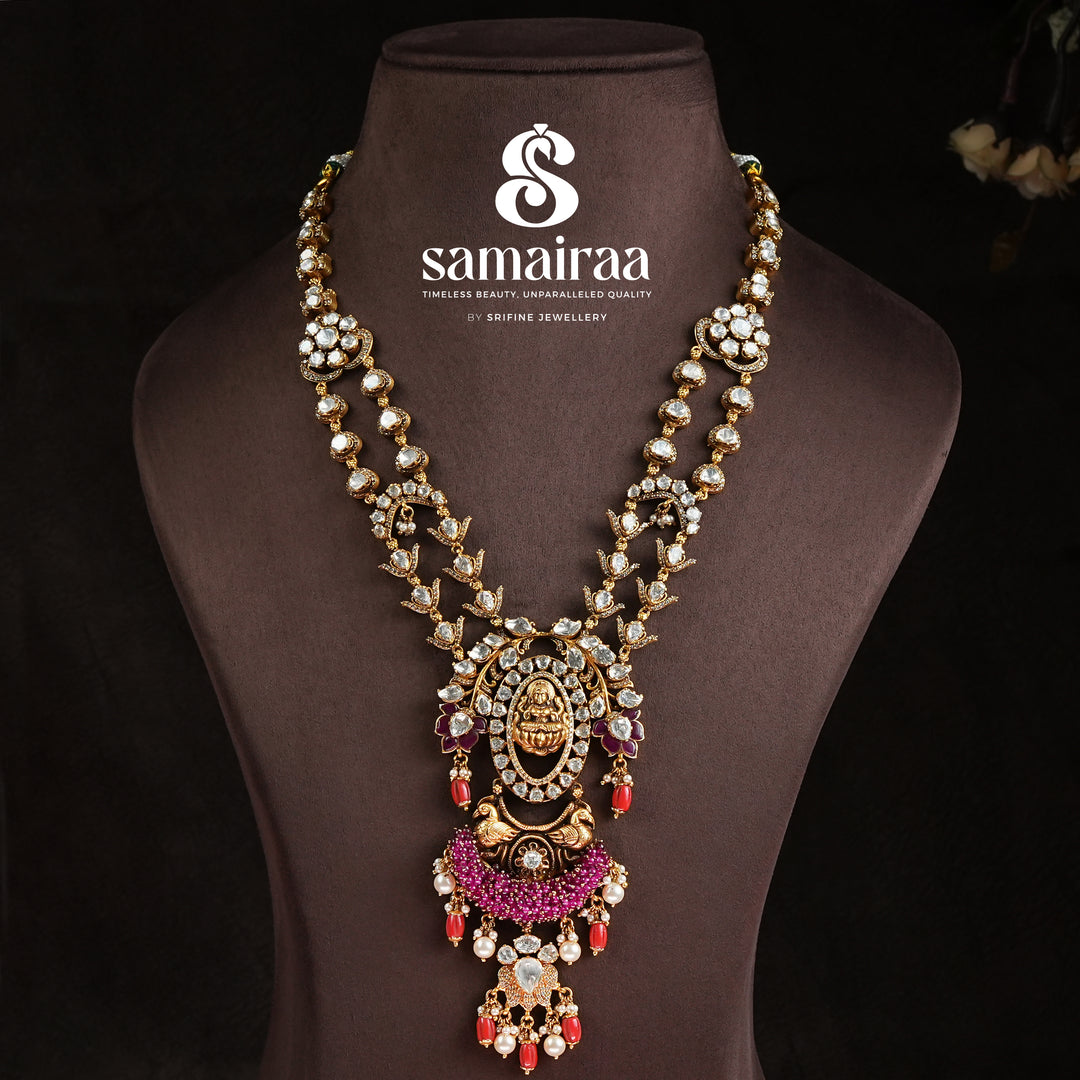 Samairaa antique temple necklace in 92.5 silver with cz stones, goddess pendant, ruby bead drops and heritage craftsmanship by Sri Fine Jewellery, Hyderabad.