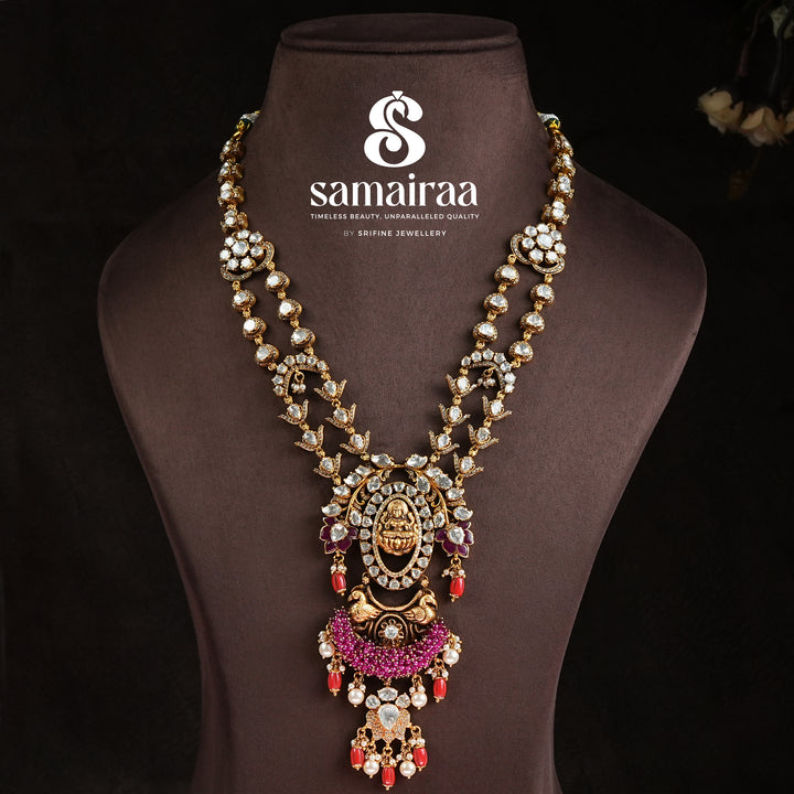 Samairaa antique temple necklace in 92.5 silver with cz stones, goddess pendant, ruby bead drops and heritage craftsmanship by Sri Fine Jewellery, Hyderabad.
