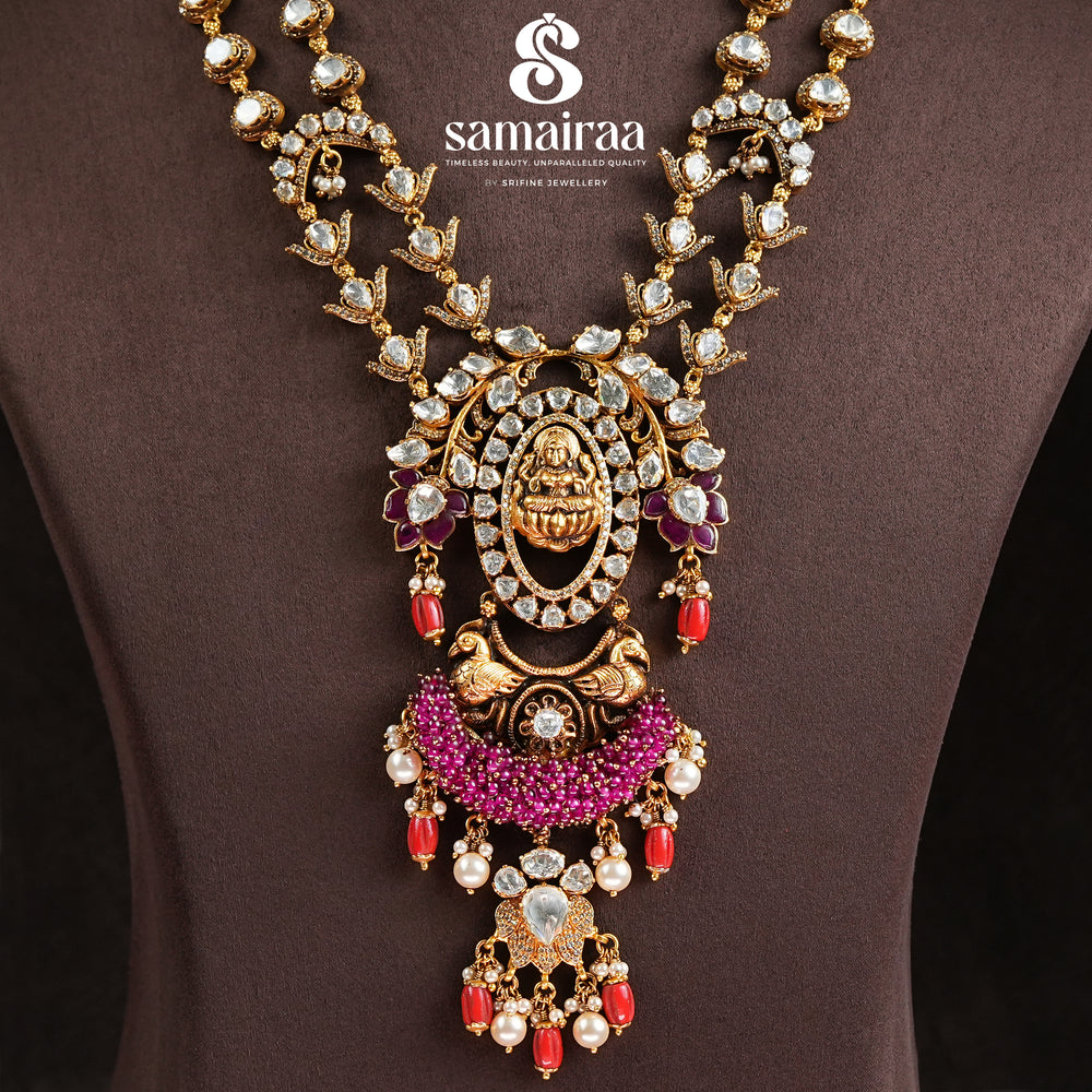 Samairaa antique temple necklace in 92.5 silver with cz stones, goddess pendant, ruby bead drops and heritage craftsmanship by Sri Fine Jewellery, Hyderabad.