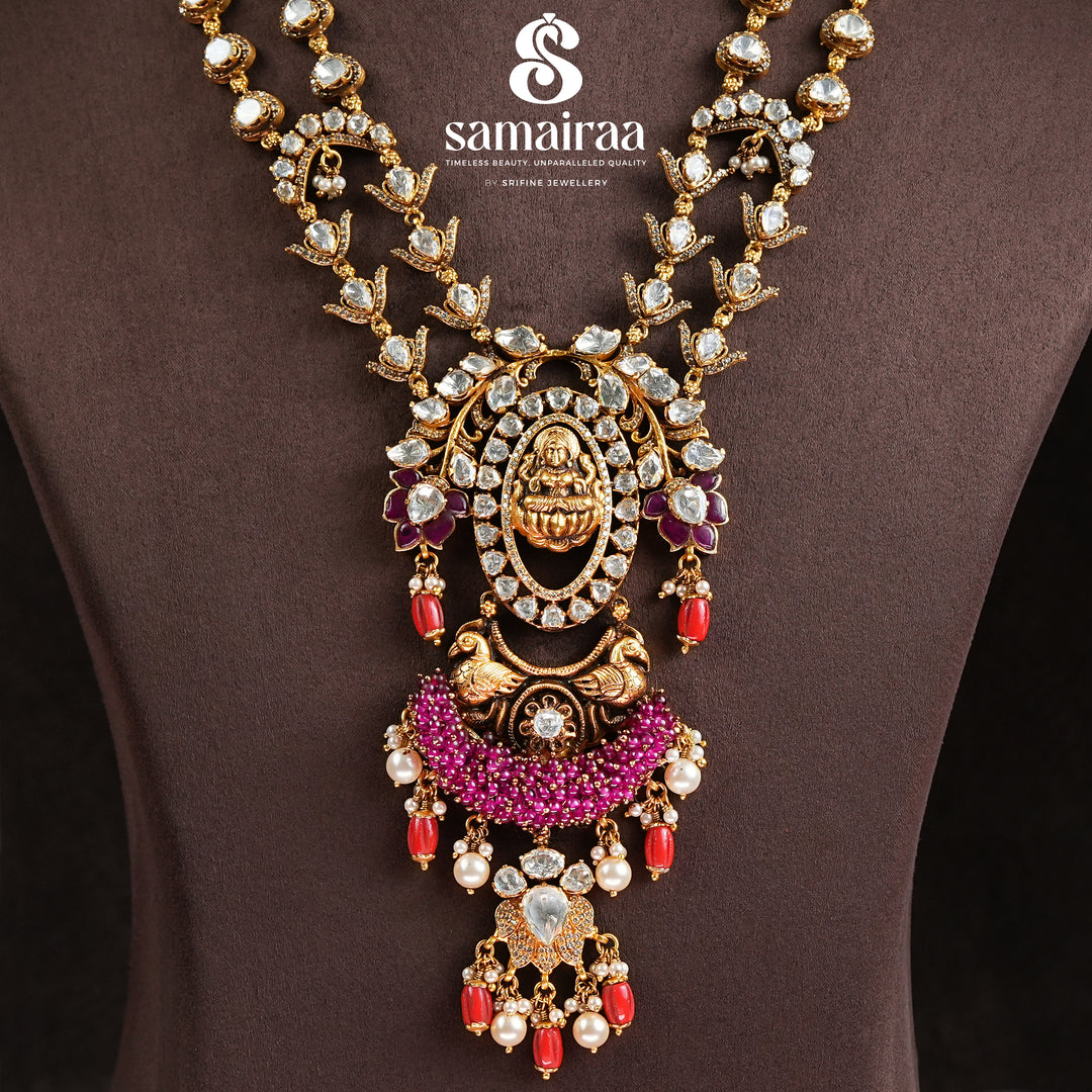 Samairaa antique temple necklace in 92.5 silver with cz stones, goddess pendant, ruby bead drops and heritage craftsmanship by Sri Fine Jewellery, Hyderabad.