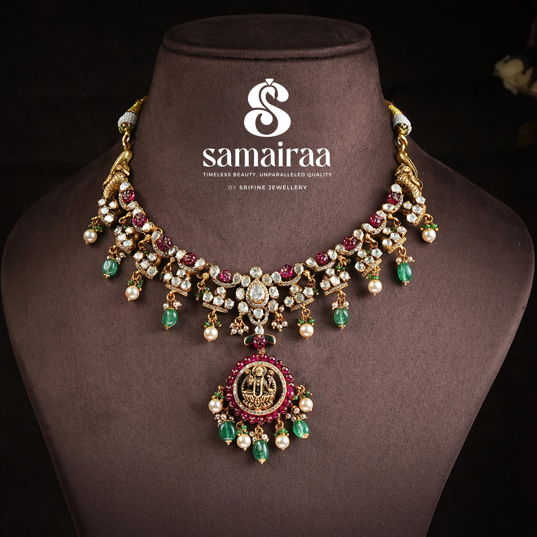 Samairaa traditional temple necklace in 92.5 silver with cz stones, emerald green beads, pearl drops and antique gold finish pendant by Sri Fine Jewellery, hyderabad
