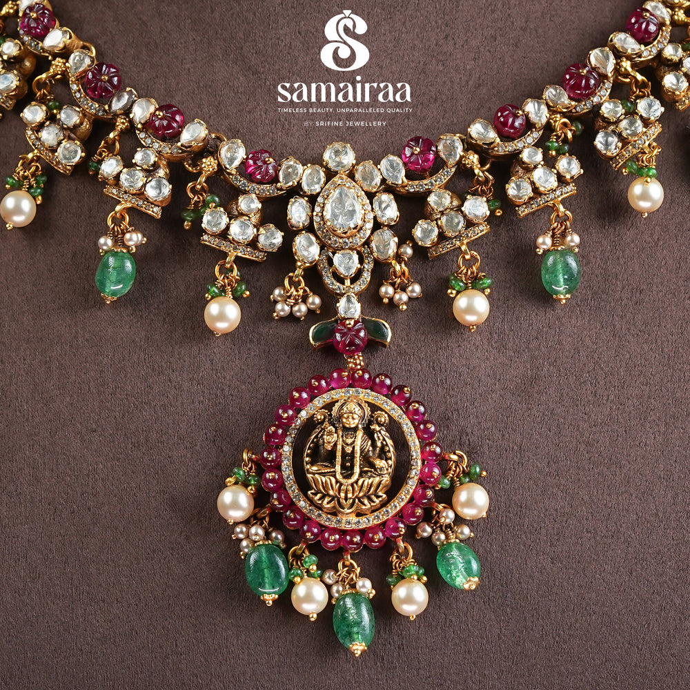 Samairaa traditional temple necklace in 92.5 silver with cz stones, emerald green beads, pearl drops and antique gold finish pendant by Sri Fine Jewellery, hyderabad