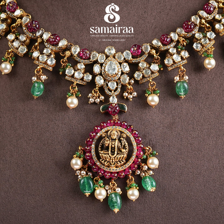 Samairaa traditional temple necklace in 92.5 silver with cz stones, emerald green beads, pearl drops and antique gold finish pendant by Sri Fine Jewellery, hyderabad