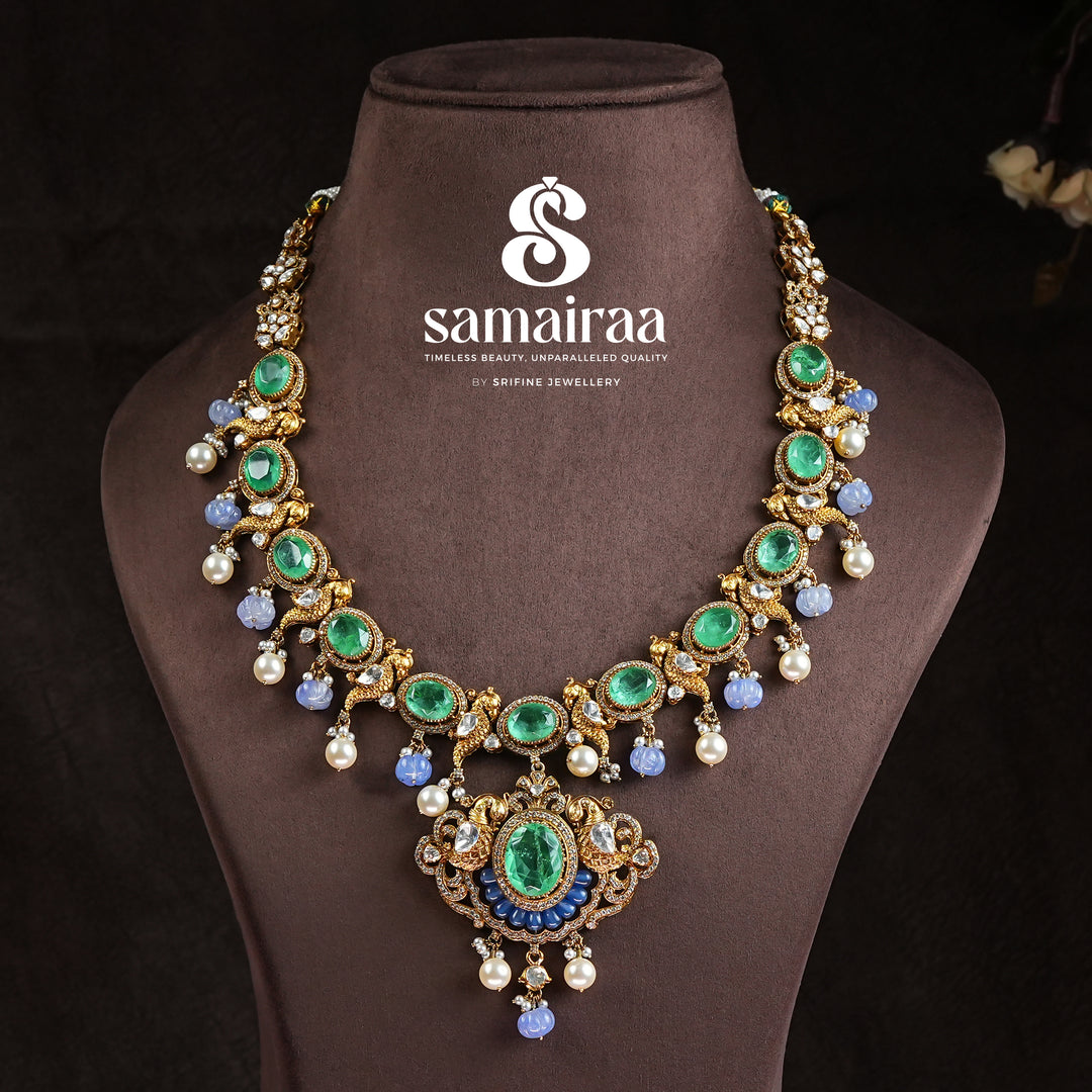 Samairaa premium emerald green necklace in 92.5 silver with cz stones, pearl drops and antique designer pendant by Sri Fine Jewellery, Hyderabad