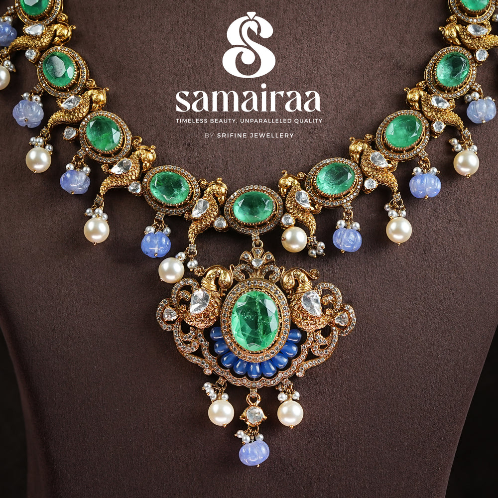 Samairaa premium emerald green necklace in 92.5 silver with cz stones, pearl drops and antique designer pendant by Sri Fine Jewellery, Hyderabad
