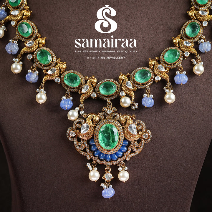 Samairaa premium emerald green necklace in 92.5 silver with cz stones, pearl drops and antique designer pendant by Sri Fine Jewellery, Hyderabad