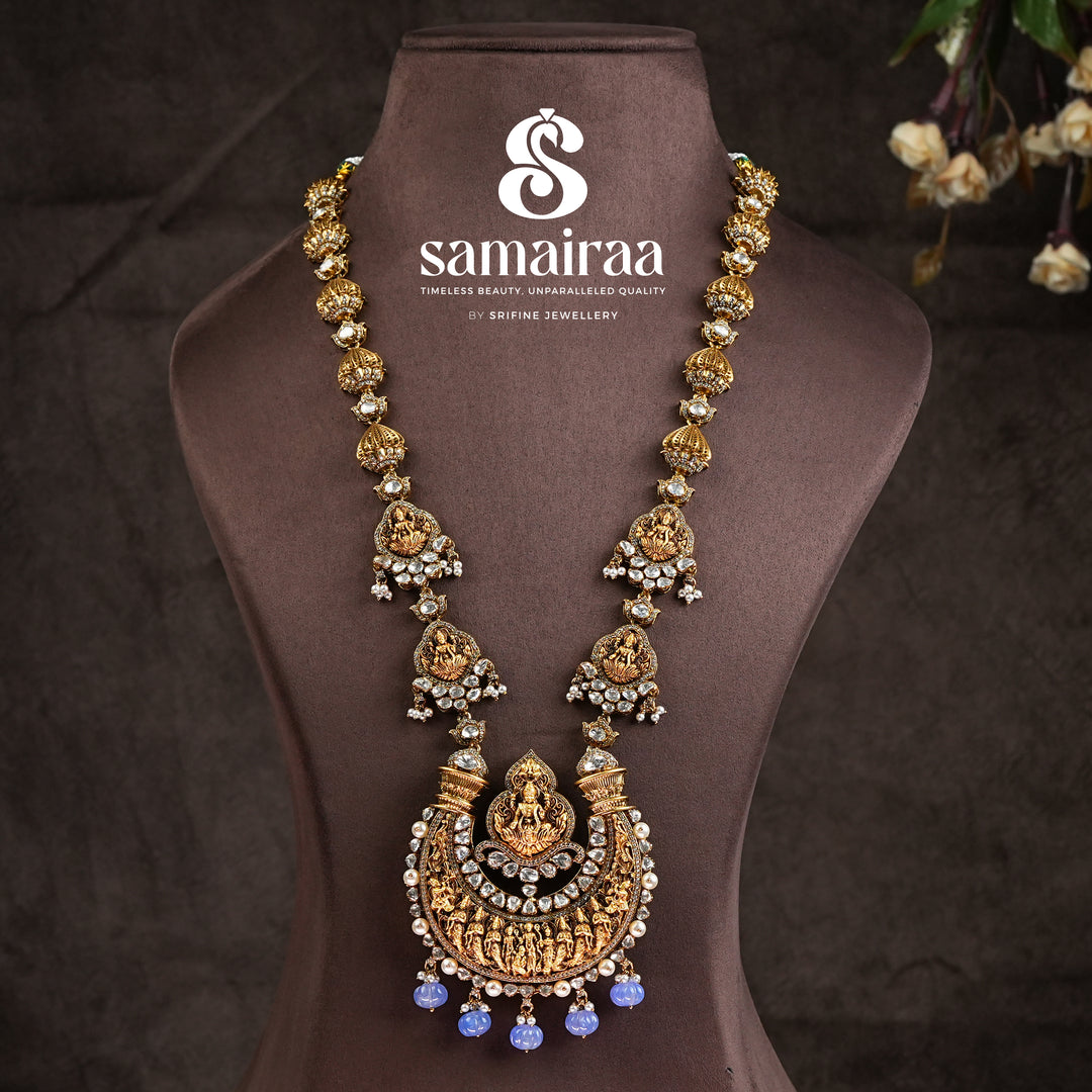 Samairaa temple long necklace in 92.5 silver with Lakshmi pendant, antique gold finish, cz stones and traditional South Indian bridal jewellery design by Sri Fine Jewellery, Hyderabad
