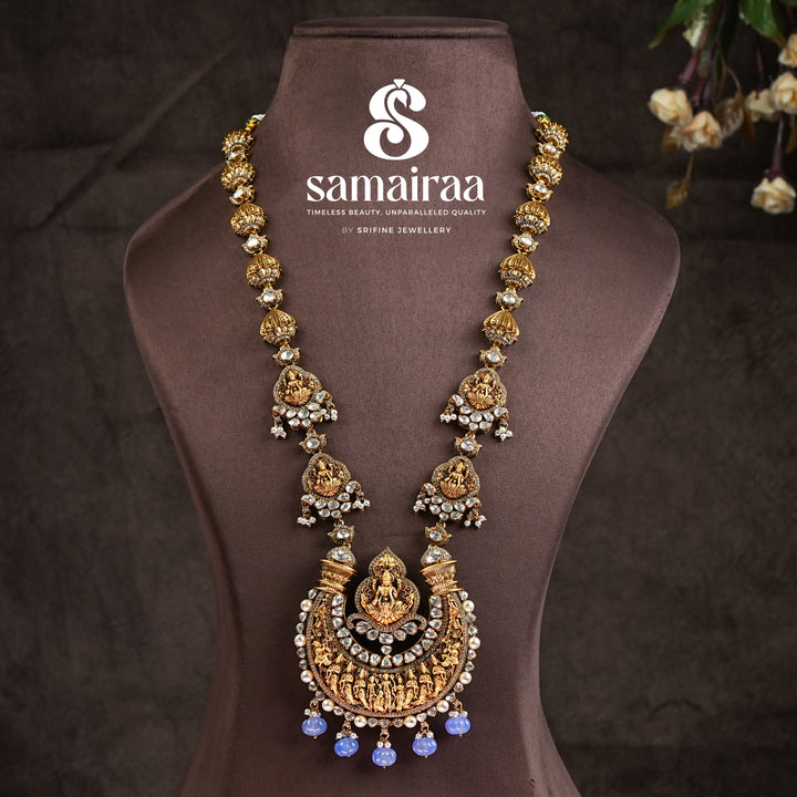 Samairaa temple long necklace in 92.5 silver with Lakshmi pendant, antique gold finish, cz stones and traditional South Indian bridal jewellery design by Sri Fine Jewellery, Hyderabad
