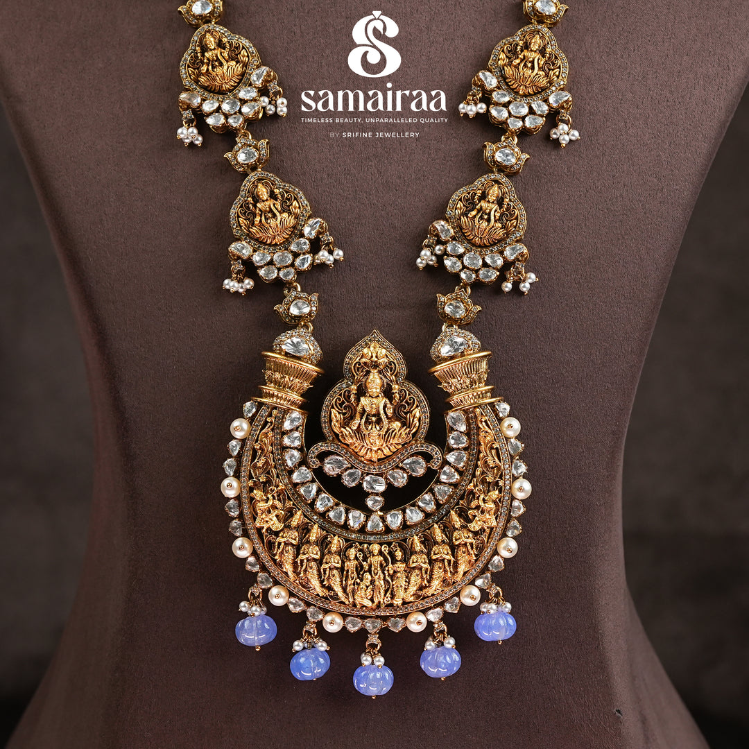 Samairaa temple long necklace in 92.5 silver with Lakshmi pendant, antique gold finish, cz stones and traditional South Indian bridal jewellery design by Sri Fine Jewellery, Hyderabad