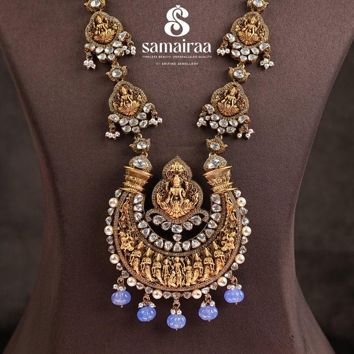 Samairaa temple long necklace in 92.5 silver with Lakshmi pendant, antique gold finish, cz stones and traditional South Indian bridal jewellery design by Sri Fine Jewellery, Hyderabad