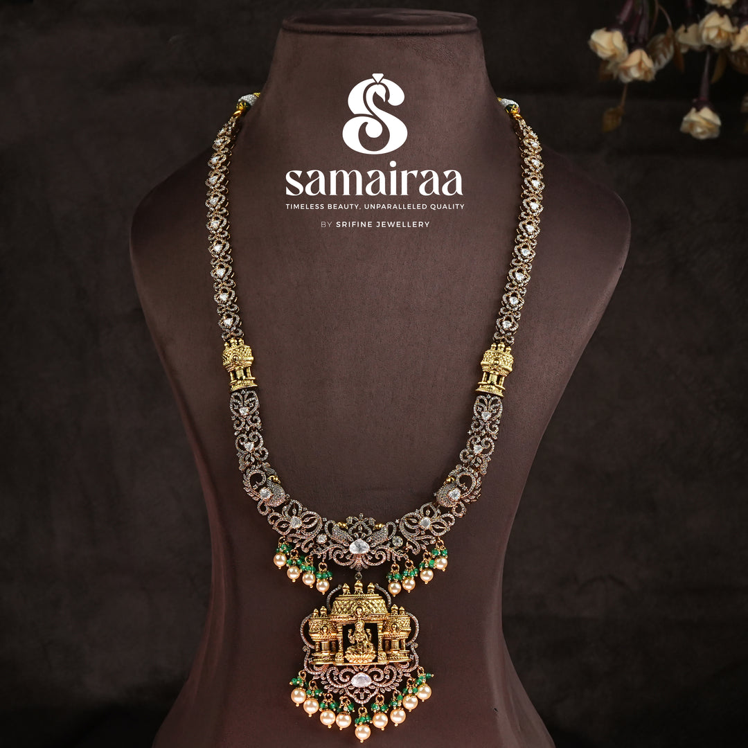 Samairaa temple silver necklace in 92.5 silver with Lakshmi motif, antique oxidised finish, cz stones and traditional South Indian bridal jewellery design by Sri Fine Jewellery, Hyderabad