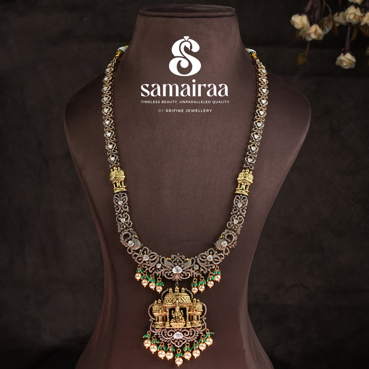 Samairaa temple silver necklace in 92.5 silver with Lakshmi motif, antique oxidised finish, cz stones and traditional South Indian bridal jewellery design by Sri Fine Jewellery, Hyderabad