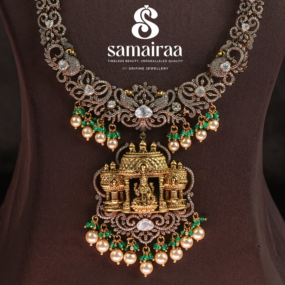 Samairaa temple silver necklace in 92.5 silver with Lakshmi motif, antique oxidised finish, cz stones and traditional South Indian bridal jewellery design by Sri Fine Jewellery, Hyderabad